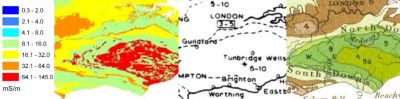 Conductivity and geological maps of the North Downs, South Downs, Weald and London